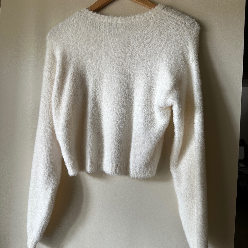 Hollister White Furry Cropped Crew Sweater - Size Small